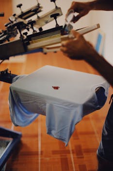 Close-up of a man using a T-shirt printing machine indoors.